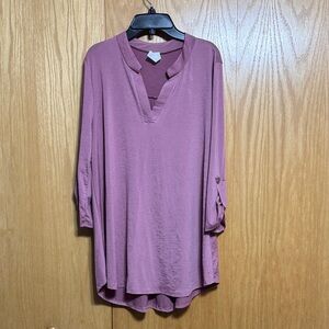 Honeyme Mauve Split V-Neck Roll-Tab Tunic